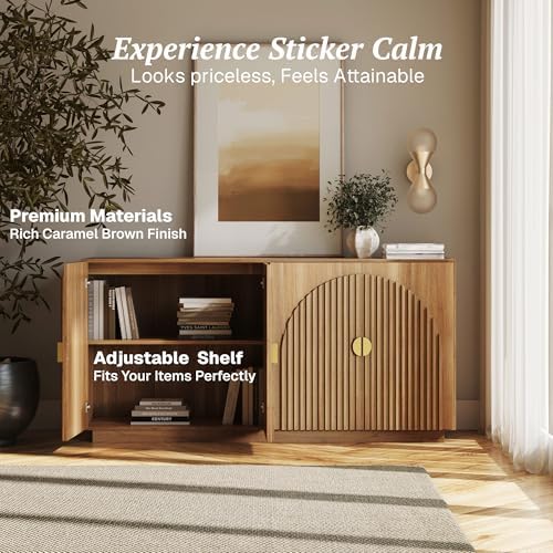 BELLEZE 65 Inch Fluted Buffet Cabinet with Storage, Symmetrical Arc Accent Sideboard Large Console Table for Dining Room, Kitchen, and Living Room (Caramel Brown) - Image 4