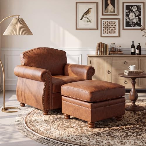 Traditional Faux Leather Chair with Storage Ottoman, 41.3", Caramel by LANDASSYHOME