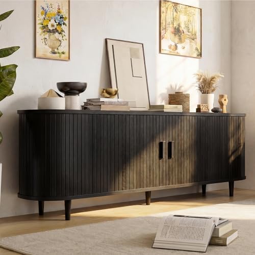 65" Mid Century Modern TV Stand, Wood TV Consoles with Sliding Doors and Power Outlet, Fluted Entertainment Center with Adjustable Shelves, Media Console for Living Room, Black by Unknown