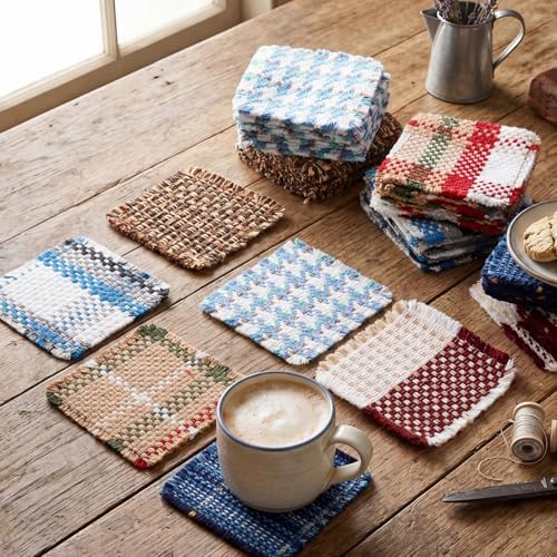Set of 10 Fabric Drink Coasters, Handcrafted Cotton Woven Coasters for Table, Coastal Farmhouse Table Decor for Coffee Tea Cocktails, Absorbent Soft Desk Coasters for Kitchen Office, Housewarming Gift - Image 7