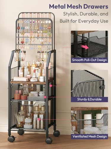 SWTYMIKI Rolling Jewelry Organizer Stand, Metal Jewelry Display Storage Holder with Large Capacity Drawer & Wheel, 35 lb Weight Capacity, Stores Necklace, Earring & Bracelet - Image 4
