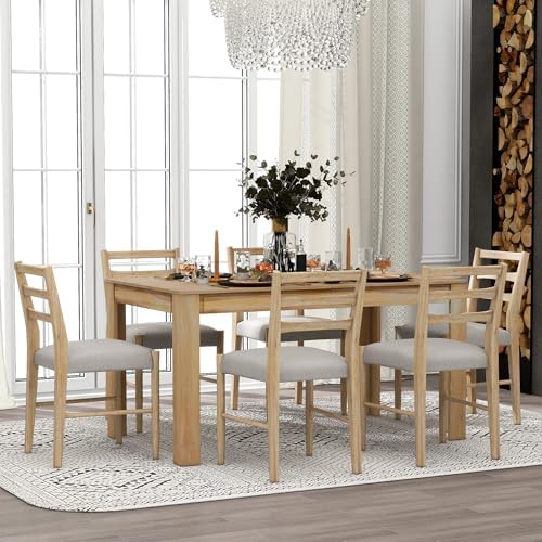 Farmhouse 7-Piece Kitchen Dining Table Set, Solid Wood Rectangle Extendable Table with 12” Leaf and 2 Drawers, 6 Dining Chairs with Soft Cushion, Dining Table Set for 6 Persons (Natural Wash+) - Image 2