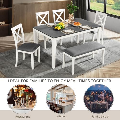 Harper & Bright Designs 6-Piece Wooden Dining Set for 6,Kitchen Furniture Set with Cross Back 4 Dining Chairs and Bench,White+Gray - Image 6