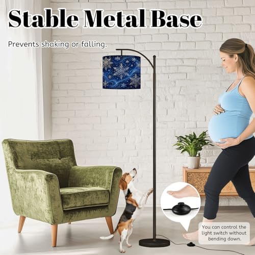 Arc Floor Lamp Golden Snowflakes Blue Winter Sky Swirling Patterns Dimmable Modern Standing Lamp with Remote Adjustable Drum Shade Footswitch Tall Pole Lamp for Living Room Bedroom - Image 4