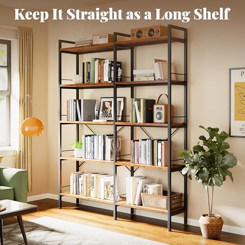 Huuger 5 Tier Bookshelf, L Shaped Corner Bookshelf with 10 Open Shelves, 49.4 Inch Straight Wide Bookcase with Metal Frame and Wooden Board, Adjustable Feet, Rustic Brown - Image 4