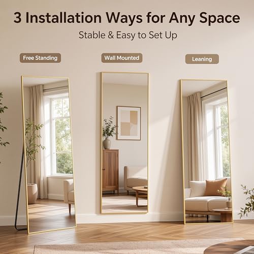 Antok Full Length Mirror, 56"x14" Floor Mirror with Stand, Gold, Rect - Image 5