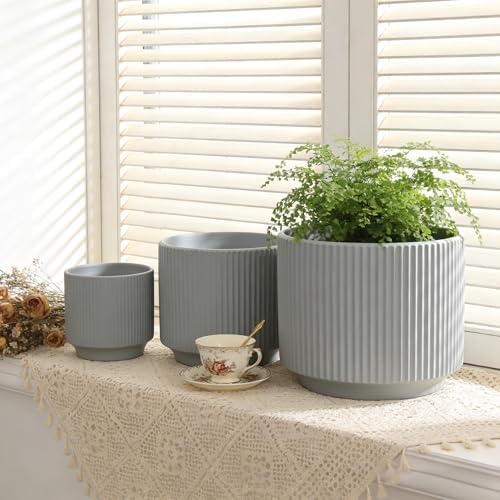 Oakrain Plant Pots with Vertical Stripes 7.8/6.5/5.2 inch, Set of 3 Modern Decorative Planters for Indoor Outdoor Plants, Flower Pot with Drainage Holes, Ceramic Blue - Image 3