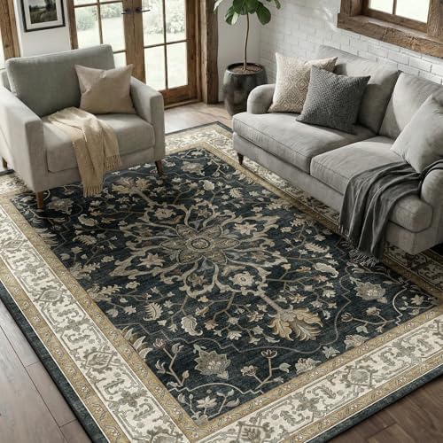 RELEANY Washable Area Rug, 5'x7', Black/Vintage/Beige - Image 3