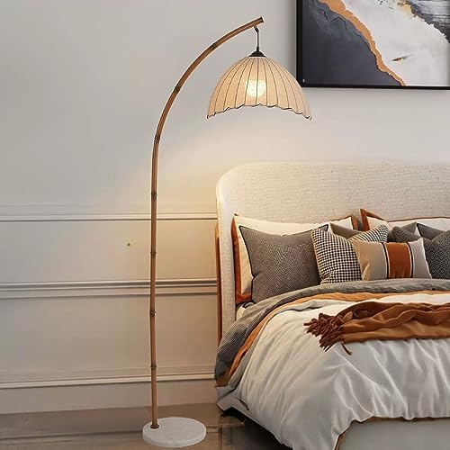 Retro Floor Lamp Unique Bamboo Color Floor lamp Bohemian Hanging Arc Floor Lamp with Antique Rattan Style Vertical Standing tall Lamp for Bed Room Farmhouse Study Living Room Indoor decoration - Image 6