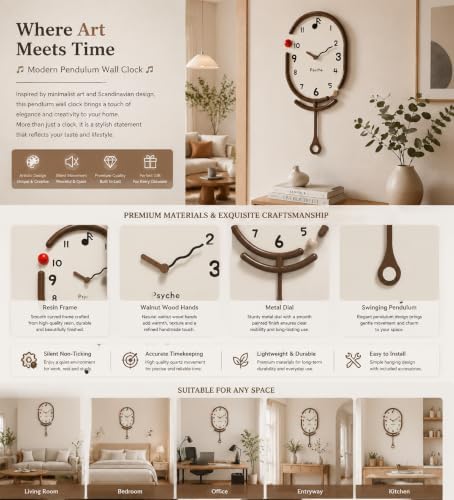 Modern Pendulum Wall Clock, Decorative Resin Frame Clock with Metal Painted Dial and Walnut Wood Hands, Silent Non Ticking Wall Decor for Living Room Bedroom Office Kitchen Home Decoration, 24.4 Inch - Image 4