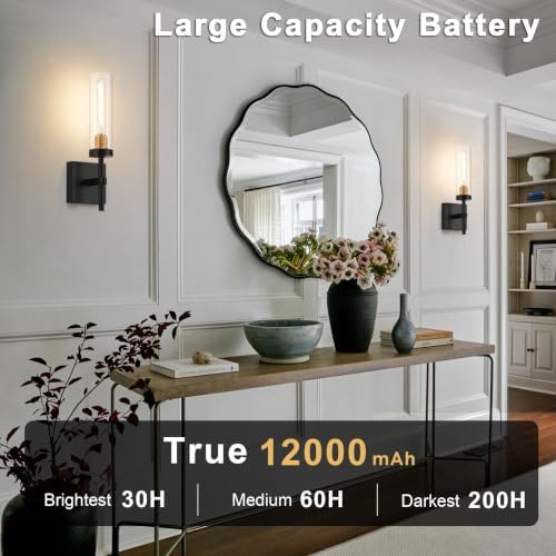 Wireless Wall Sconces with Remote Control, Battery Operated Wall Sconce Set of 2, Black & Gold Rechargeable Dimmable Wall Light for Bedroom Living room Bathroom Hallway Entryway Stairwell, 3000K - Image 2