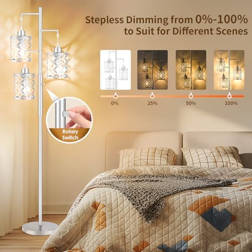 72" Modern Tree Floor Lamp, Dimmable Minimalist Tall Standing Lamp with Metal Cages & Rotary Dimmer Knob, Corner Decor Lighting for Living Room Bedroom Cafe, 3 x 800LM Bulbs Included-Silver - Image 3