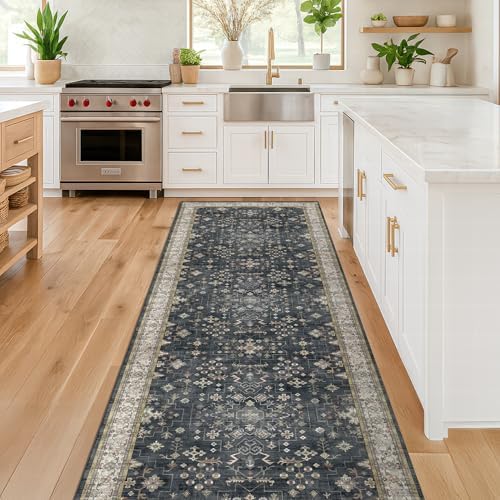 Dark Washable Long Runners for Hallways, 2'6"x8' Wide Kitchen Runner Rug, Entryway Indoor Rug, Non Slip Rubber Backing Boho Vintage Floor Decor, Ashen/Multi - Image 3