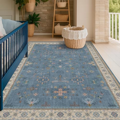 Washable 5x7 Blue Rugs for Kids Room, Boho 5 x 7 Nursery Rug Boys, Colorful Eclectic Low-Pile Carpet for Bedroom, Dining Table, Non-Slip with Rubber Back - Image 3