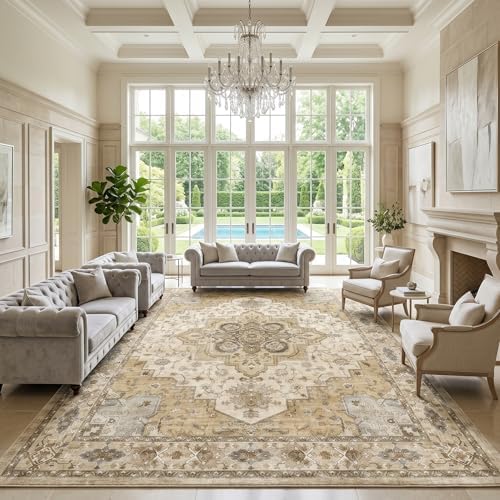 Amada Vintage Washable Area Rug,9'x12',Beige/Cream by AMADAHOMEFURNISHING