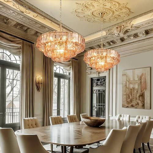 23in Large Chandelier Gold, Modern Dining Room Light Fixtures, 3 Layer Luxury Glass Chandelier 9 Light Chandeliers for Dining Room Kitchen Island Living Room (Gold) - Image 6