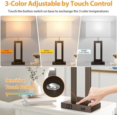 3 Color Temperatures Brown Table Lamps for Bedrooms Set of 2, 22’’ Touch Control Bedside Nightstand Lamps with 2 USB Ports & AC Outlet, Modern Lamp Sets for Living Room, Stepless Dimming, White Shade - Image 2