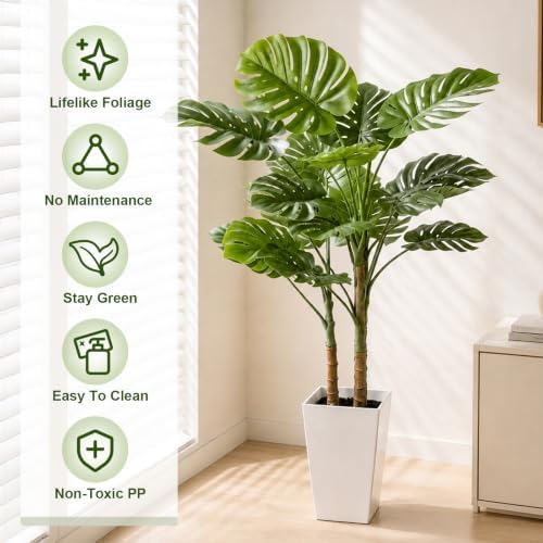 5FT Fake Monstera Plant with White Planter & Thickened Trunk - Image 5