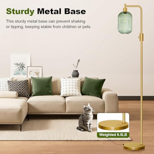 【Upgraded】 Dimmable Floor Lamp for Living Room with Green Ribbed Glass Lampshade, Gold Modern Floor Lamp with 900LM LED Bulb Included, Arc Standing Tall Lamp for Bedroom, Office, Reading Room, Corner - Image 7