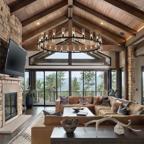 Black Wagon Wheel Chandelier, 70 Inch Glass Chandeliers, 24 Light Chandelier for High Ceiling, Modern Farmhouse Chandeliers for Living Room, Dining Room, Entryway, Stairwell(Bulbs Included) - Image 2