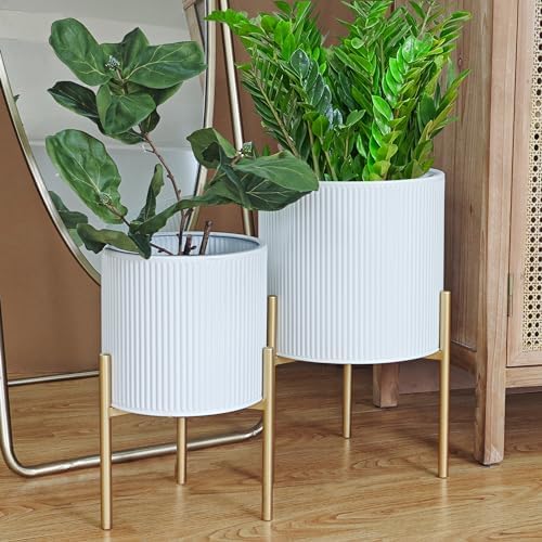 ARNIS Modern Planter Pots, Set of 2 Round Large Planters with Stand, Decorative Floor Planters, Metal Pots with Drainage Holes for Living Room, Office, Garden or Balcony, 8.25 &10.5 Inch, White & Gold - Image 5