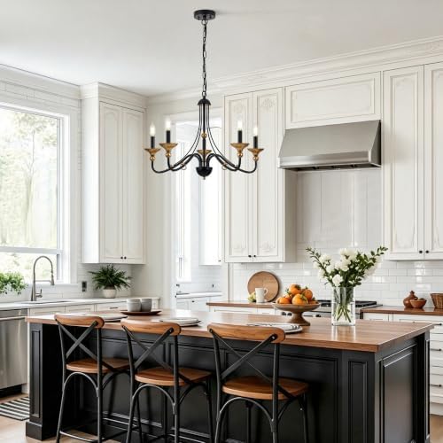 Sigaitwei 5‑Light Modern Farmhouse Candle Pendant, Matte Black with Antique‑Gold Accents, Chandelier Hanging Light Fixture for Kitchen Island, Entryway, Stairwell, E12 Base - Image 3