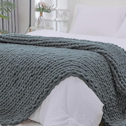 Bigacogo Chunky Knit Throw Blanket for Couch, 51x63 inches, Iron Gray by Bigacogo