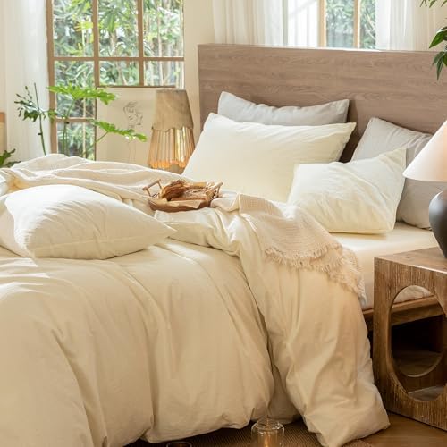 MooMee Wavy Striped Duvet Cover Set 100% Washed Cotton Linen Like Textured Breathable Durable Soft Comfy (Cream White, Twin 68"x90") - Image 3