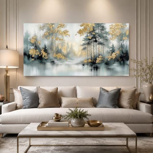 Anolyfi Misty Forest Grey Lake Canvas Wall Art for Living Room 40"x20" by Anolyfi