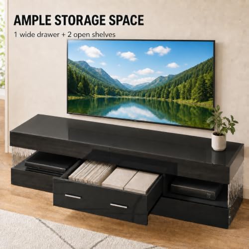 Bestier Black 60 Inch Modern TV Stand, LED Entertainment Center with Drawer - Image 5