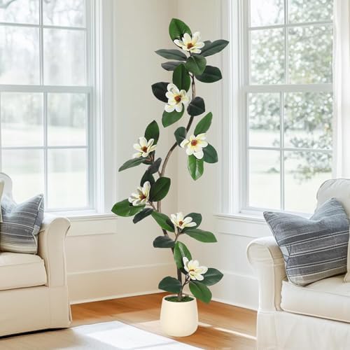 5FT Tall Lifelike Artificial Magnolia Tree with 7 Pcs Magnolia Flowers in White Planter Pot, Rubber Tree Faux Plants Indoor Artificial Plants & Flowers for Home Office Living Room Decor by BouPower