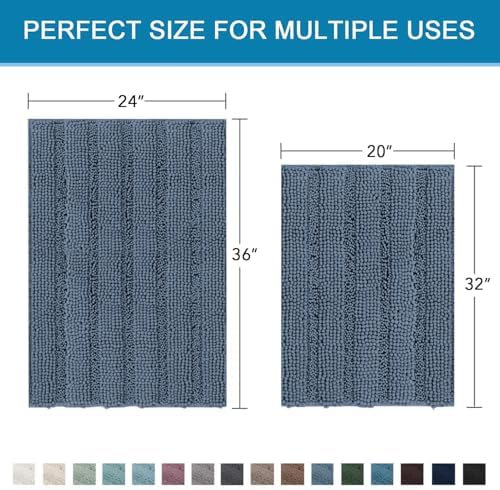 H.VERSAILTEX Bathroom Rug Sets 2 Piece Bath Mats Non Slip Thick Soft Chenille Striped Bath Rug achine Washable Shower Floor Rugs for Tub, Shower and Floor (Blue Indigo, 20" x 32"/24" x 36") - Image 2