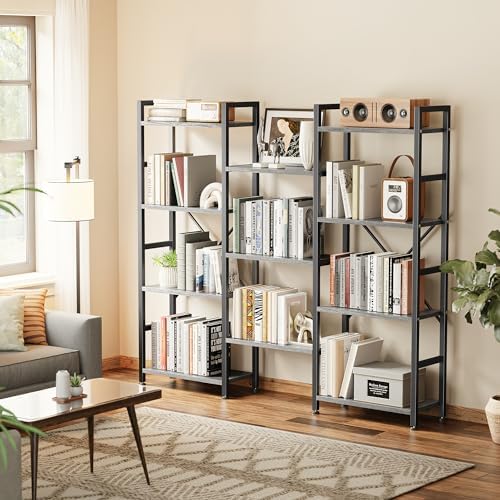 SUPERJARE Triple Bookshelf, Bookcase with 11 Open Display Shelves, Wide Book Shelf Book Case for Home & Office, 4 Tier, Grey - Image 4