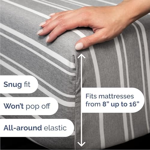 Queen Size 4 Piece Sheet Set - Breathable & Cooling Sheets - Grey Stripes - Image 3