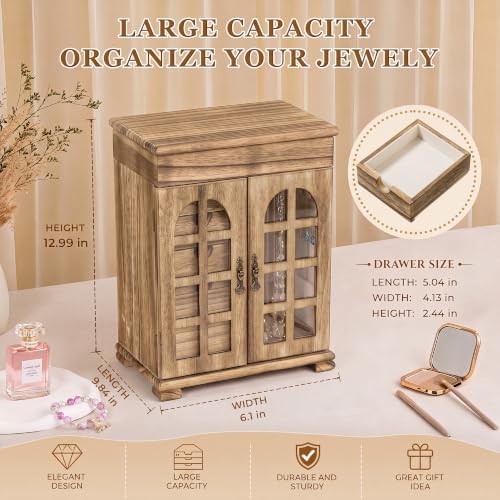 Honiway Jewelry Boxes for Women, 5 Layer Wooden Jewelry Box with Drawer & Mirror, Rustic Jewelry Organizer for Necklace Bracelet Ring Earring, Farmhouse Decor for Bedroom Dresser (Rustic Brown) - Image 3
