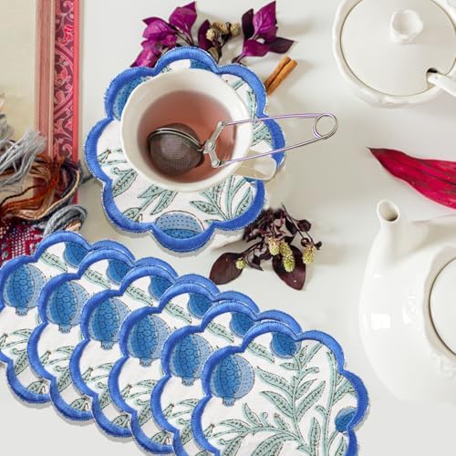 Ridhi 8-Pcs 100% Cotton Hand Block Print Drink Coasters 5" in Queen Blue by Ridhi