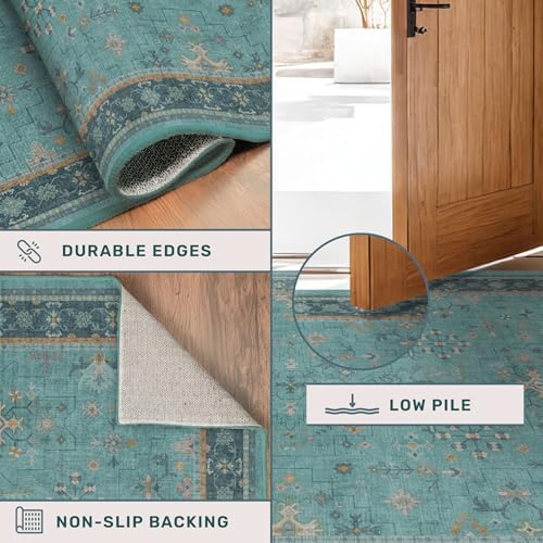 Hazo Haus Boho 3x20 Extra Long Hallway Runner Rug - Non Slip Waterproof Kitchen Floor Mat - Modern Teal Green Eclectic Floral Design Décor - Image 5