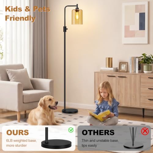 【Upgraded】 Dimmable Floor Lamp for Living Room with Amber Glass Lampshade, Black Modern Glass Floor Lamp with 900LM LED Bulb Included, Arc Standing Tall Lamp for Bedroom, Office, Reading Room, Corner - Image 6