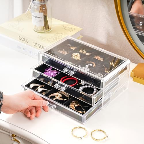 ProCase Earring Holder Organizer Jewelry Box with 3 Drawers, Black - Image 3