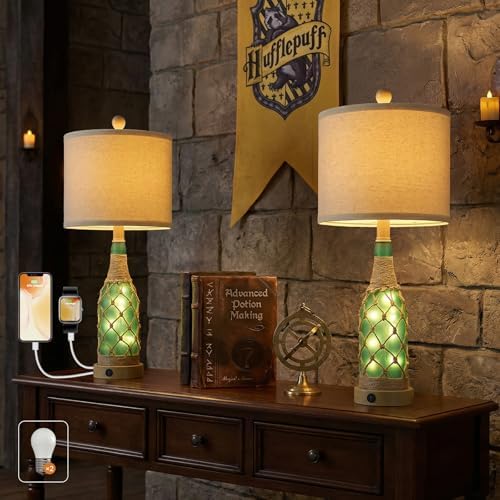 OYEARS 23'' Boho Table Lamps with Night Light for Living Room, Bedside Lamps Set of 2 with A+C Charging Ports for Bedroom, Farmhouse USB Lamps for Nightstand Console, Glass Bottle Rope Base, Green by OYEARS