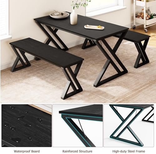 CABIHOME Space-Saving Rectangular Dining Table Set for 4 – Includes Table and 2 Benches – Durable x-Shaped Metal Frame – Perfect for Kitchen, Dining Room, Apartment, or Studio, Black - Image 2