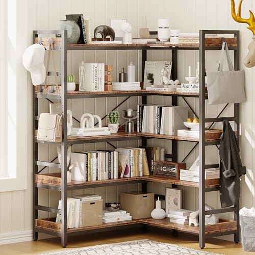 HCHQHS Adjustable Book Shelf with 8 Hooks, Reversible Corner Bookshelf, Industrial Wooden and Metal Bookcase for Living Room, Bedroom, Home Office (Rustic Brown, 5 Tier) - Image 2
