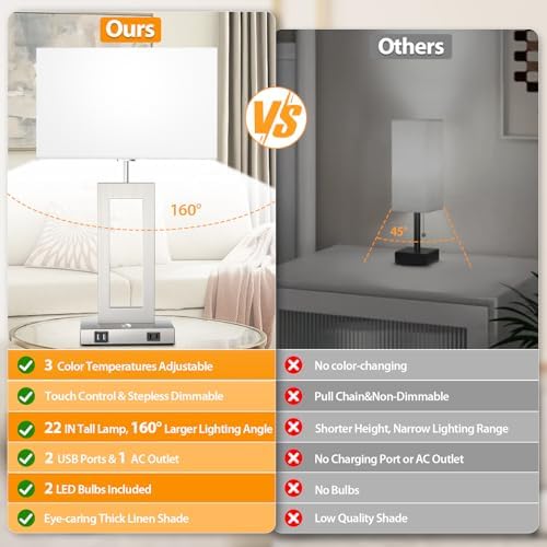 22’’ Touch Control Table Lamps Set of 2, 3 Color Temperatures Bedroom Bedside Lamps, Modern Silver Dimmable Lamps with USB Ports & AC Outlet, Tall Living Room Lamps for Nightstand End Table, 2 Bulbs - Image 4