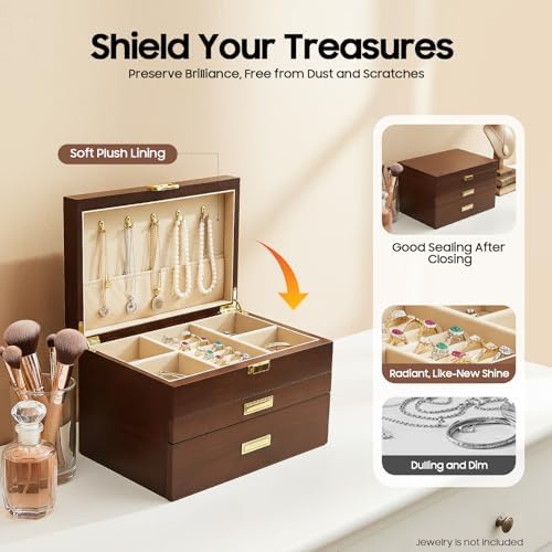 Wooden Jewelry Box for Women, 3 Layers Large Wooden Jewelry Organizer Box Watches Necklace Ring Storage Box for Women (Walnut 3 Layer) - Image 5