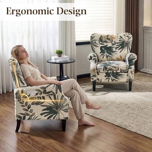 YOLENY Mid Century Wingback Arm Chair, Modern Upholstered Fabric High Back Accent Chair with Wood Legs, Upholstered Single Sofa Club Chair for Living Room, Bedroom, Home Office, Grey Green Leaves - Image 7