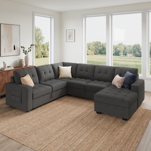HONBAY Modular Sectional Sleeper Sofa with Pull Out Bed, U Shaped Sleeper Couches with Storage Chaise, 114'' Sleeper Sectional Sofas for Living Room, Apartment (Dark Grey) - Image 2