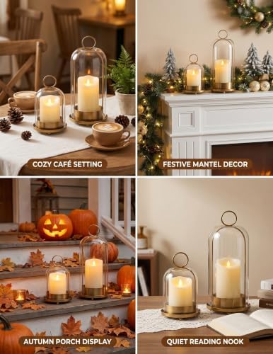 Brass Candle Holder Set of 2, Hurricane Glass Candle Holders with Flameless Candles, Glass Dome Candle Holder for Wedding, Holiday, Fireplace and Table Decor - Image 3