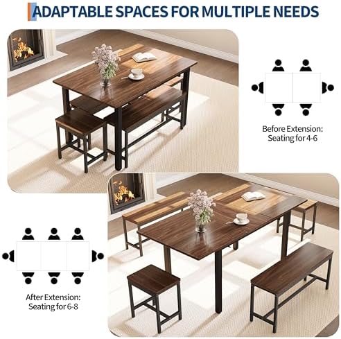 GarveeHome 5-Piece Dining Table Set for 4-8 People, 63 in Large Extendable Kitchen Table Set with 2 Benches and 2 Square Stools, Modern Dining Room Furniture Sets, Easy Assembly, Espresso - Image 4