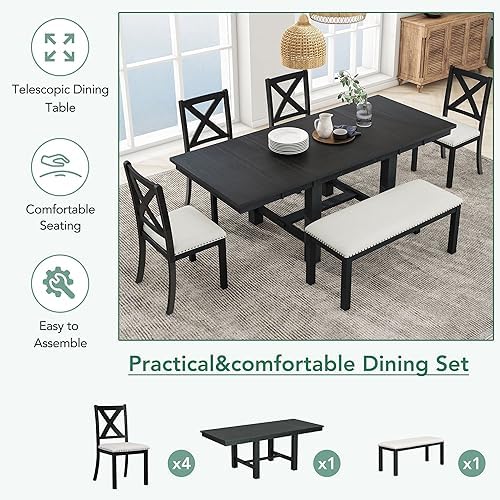 VilroCaz Farmhouse 6-Piece Extendable Dining Room Table Sets, Acacia Wood 82" Dining Table with 2 Removable Leaf and Upholstered Dining Chairs& Bench, Soft Cushion with Rivet - Image 4