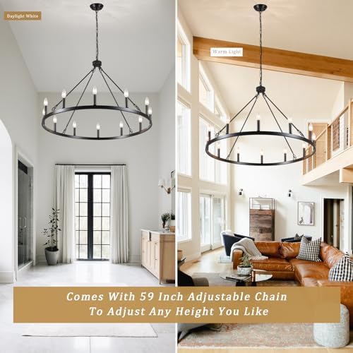 Wagon Wheel Chandelier 12 Light 38" Large Black Farmhouse Chandelier for Dining Room Rustic Country Pendant Light Fixtures Hanging Modern Round Chandeliers for Living Room High Ceilings Foyer Entryway - Image 5